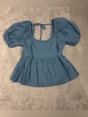 Melrose and market puff sleeve babydoll top in blue provincia sz small new